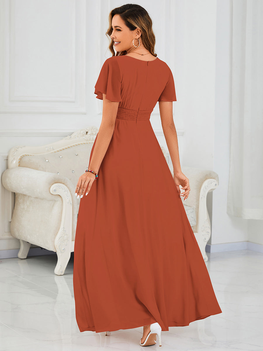 Robe de demoiselle d'honneur trapèze plissée en mousseline de soie simple, encolure ronde #Couleur_Burnt Orange