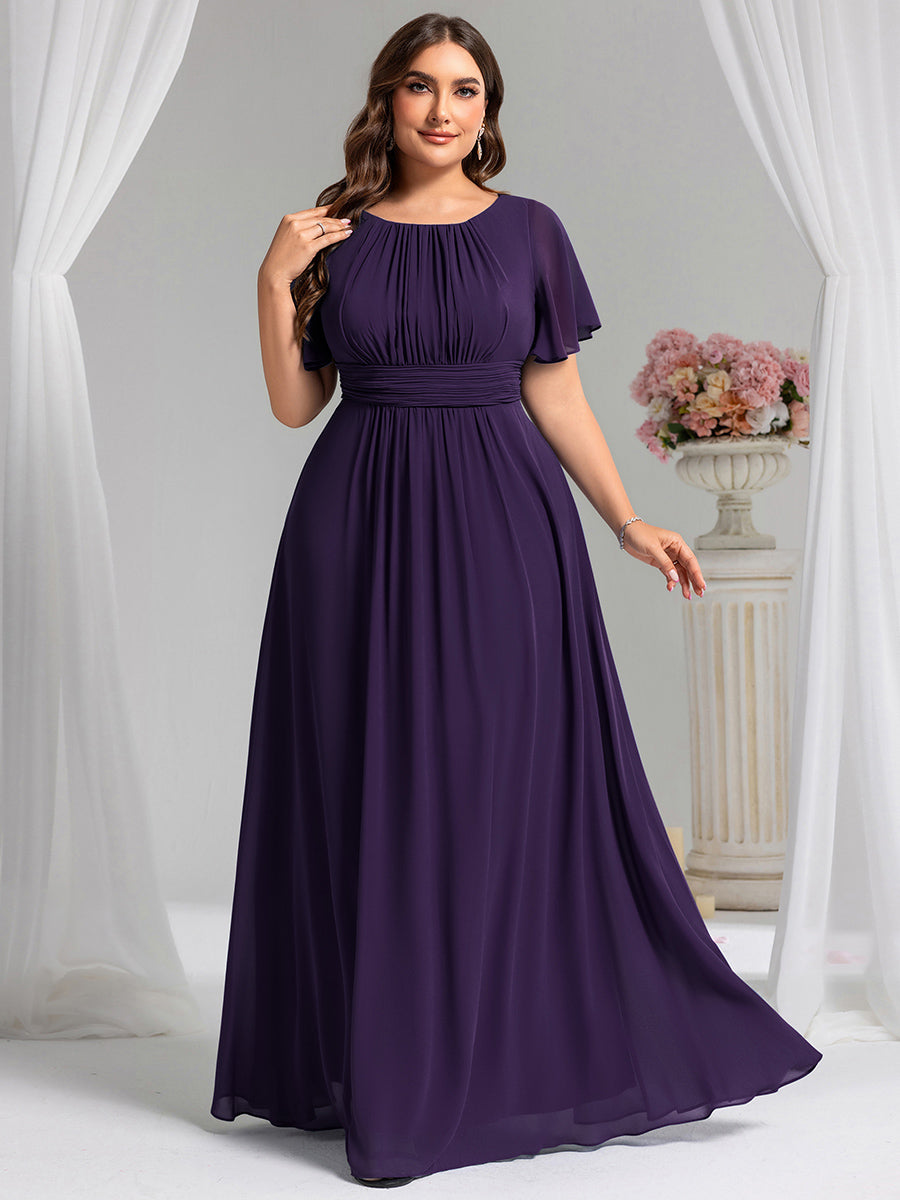 Robe de demoiselle d'honneur trapèze plissée en mousseline de soie simple, encolure ronde #Couleur_Violet Fonce