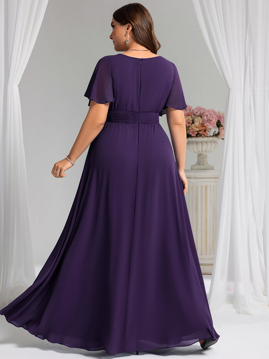 Robe de demoiselle d'honneur trapèze plissée en mousseline de soie simple, encolure ronde #Couleur_Violet Fonce