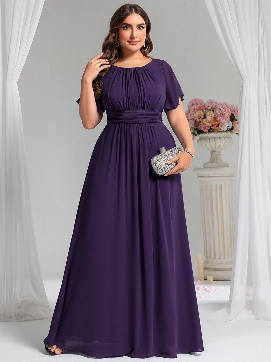 Robe de demoiselle d'honneur trapèze plissée en mousseline de soie simple, encolure ronde #Couleur_Violet Fonce