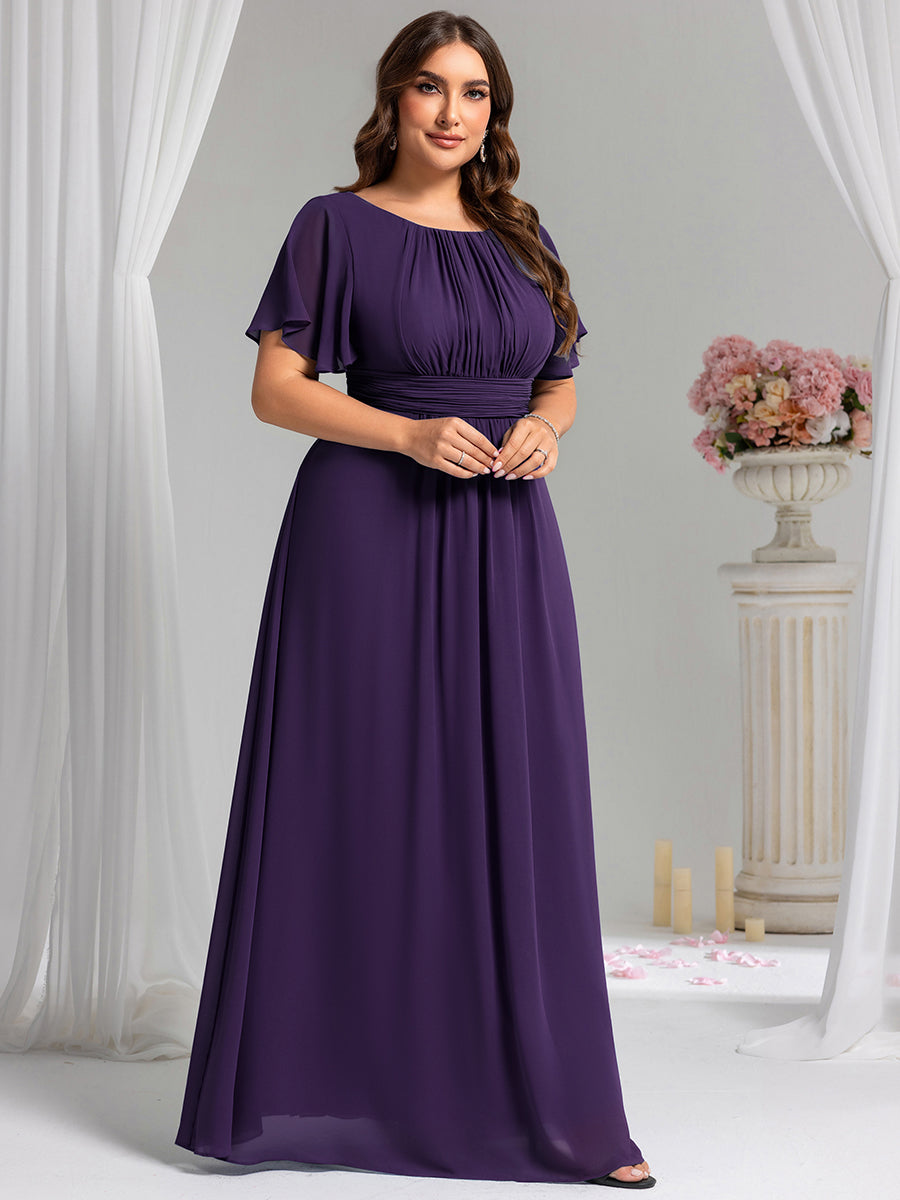 Robe de demoiselle d'honneur trapèze plissée en mousseline de soie simple, encolure ronde #Couleur_Violet Fonce