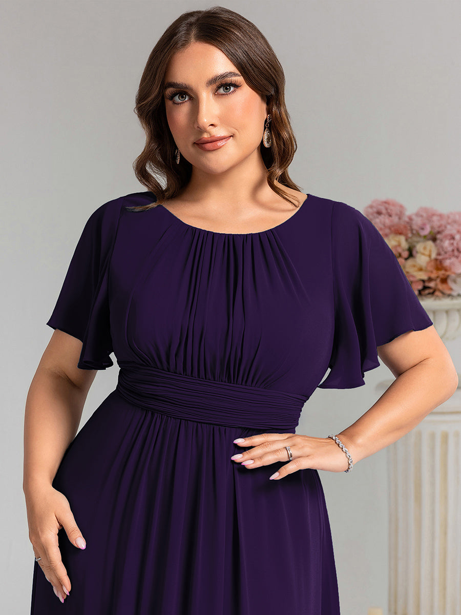 Robe de demoiselle d'honneur trapèze plissée en mousseline de soie simple, encolure ronde #Couleur_Violet Fonce