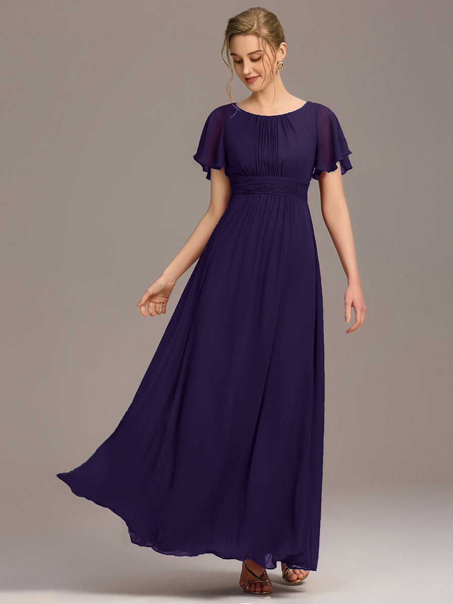 Robe de demoiselle d'honneur trapèze plissée en mousseline de soie simple, encolure ronde #Couleur_Violet Fonce