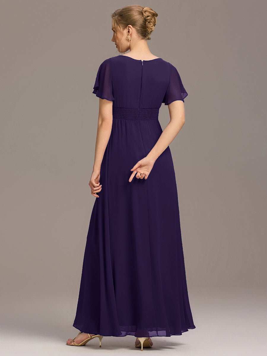 Robe de demoiselle d'honneur trapèze plissée en mousseline de soie simple, encolure ronde #Couleur_Violet Fonce