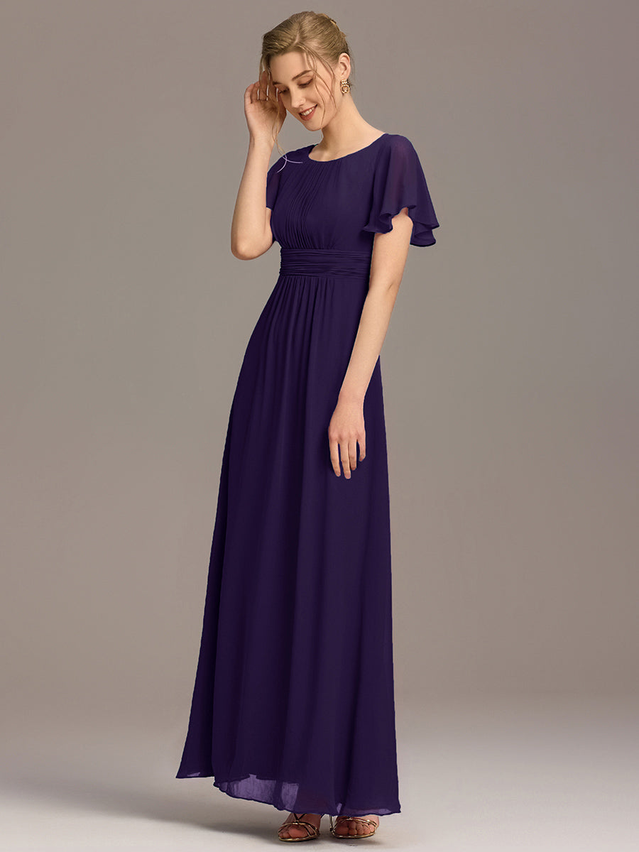 Robe de demoiselle d'honneur trapèze plissée en mousseline de soie simple, encolure ronde #Couleur_Violet Fonce