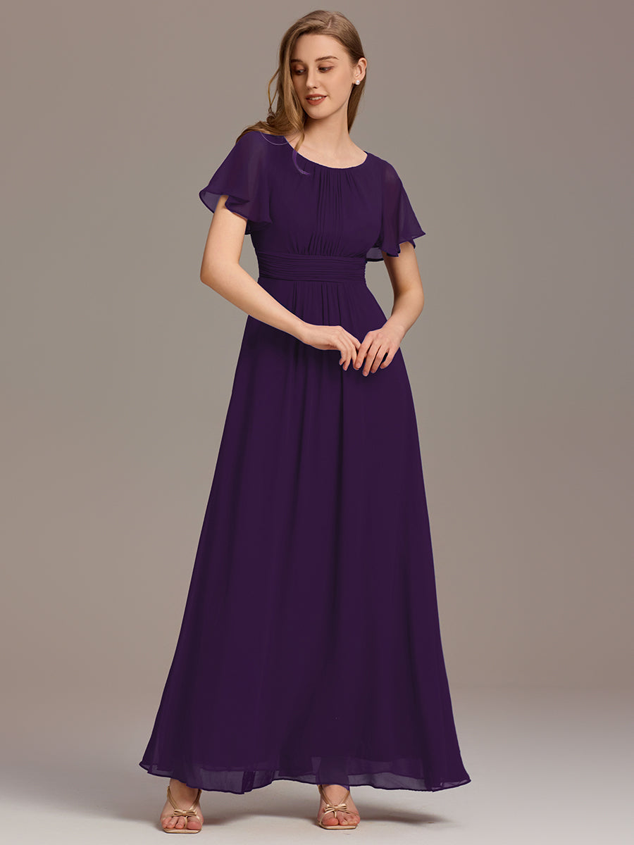 Robe de demoiselle d'honneur trapèze plissée en mousseline de soie simple, encolure ronde #Couleur_Violet Fonce