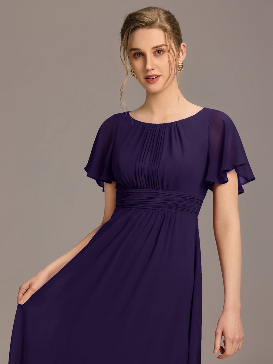 Robe de demoiselle d'honneur trapèze plissée en mousseline de soie simple, encolure ronde #Couleur_Violet Fonce