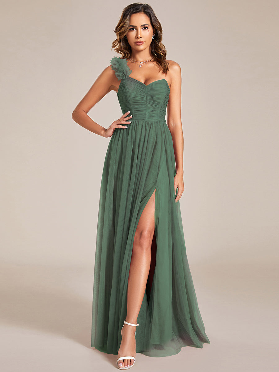 Robe demoiselle d'honneur à une épaule appliquée en tulle avec une fente haute #Couleur_Eucalyptus