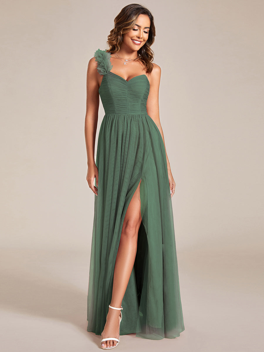 Robe demoiselle d'honneur à une épaule appliquée en tulle avec une fente haute #Couleur_Eucalyptus