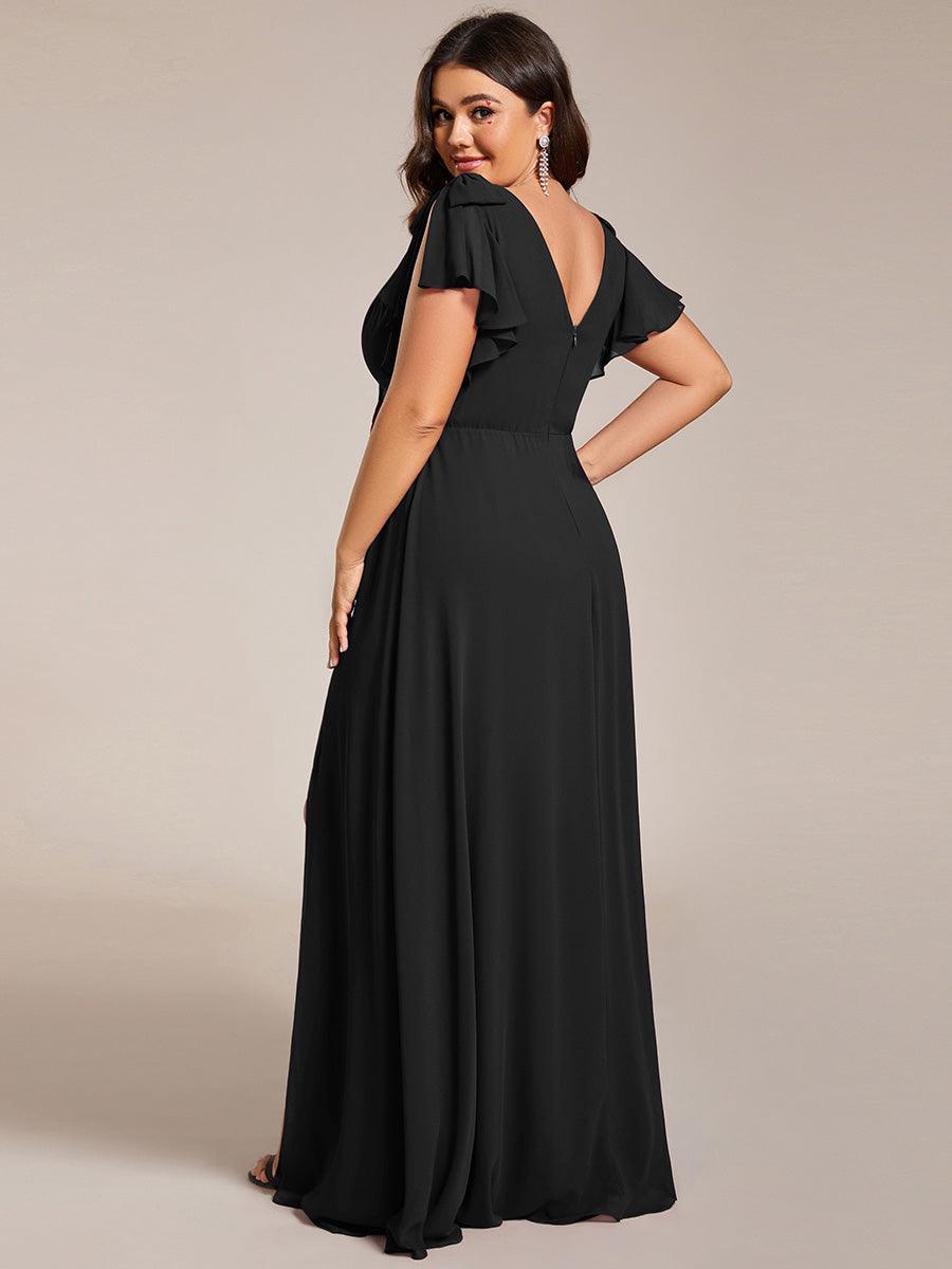 Robe de demoiselle d'honneur trapèze en mousseline à manches courtes avec n?ud papillon et fente haute sur le devant #Couleur_Noir