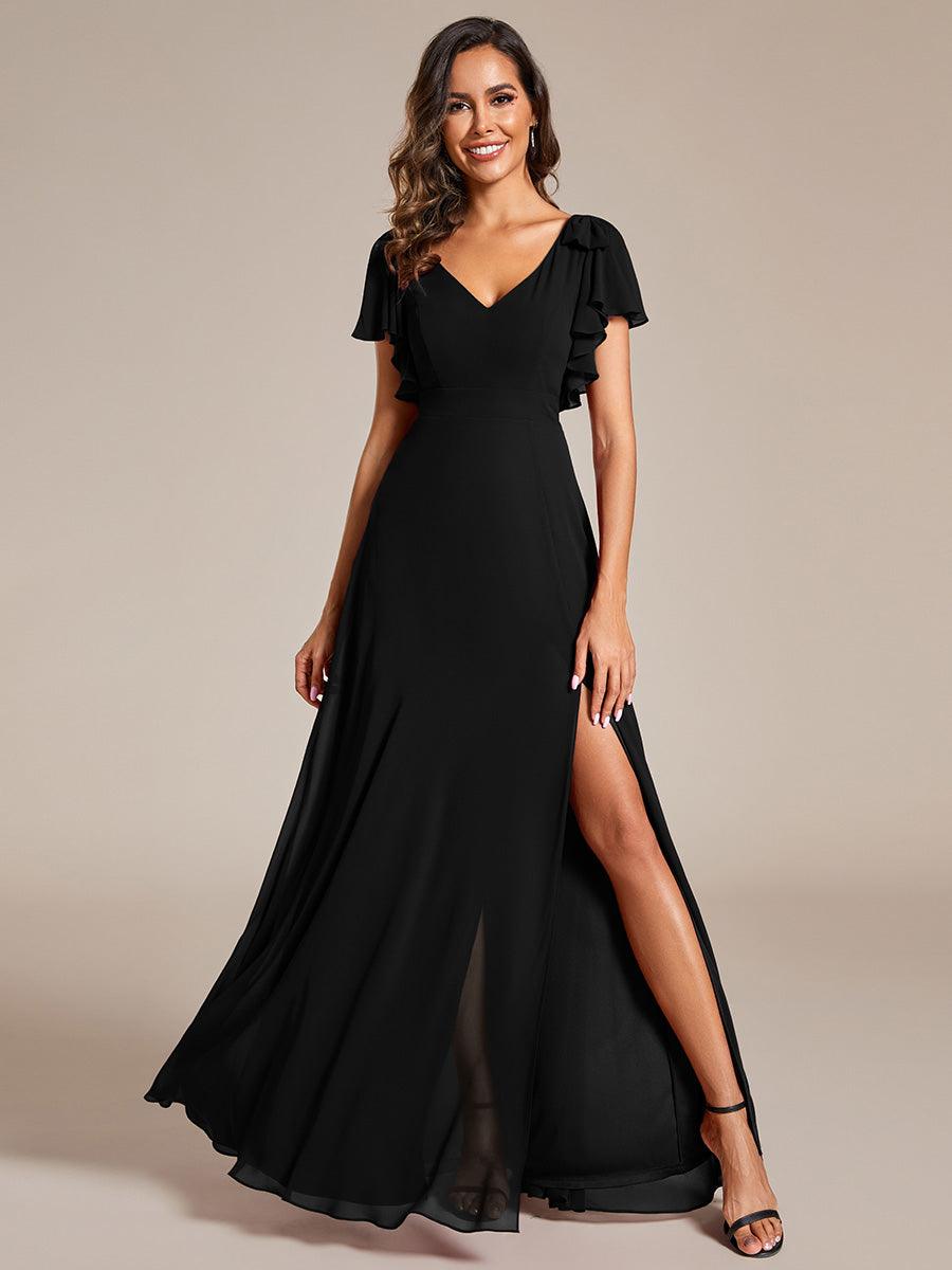 Robe de demoiselle d'honneur trapèze en mousseline à manches courtes avec n?ud papillon et fente haute sur le devant #Couleur_Noir