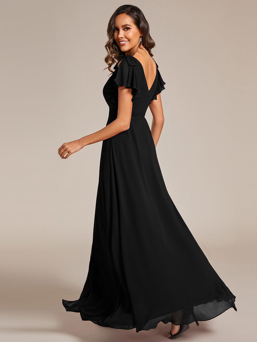 Robe de demoiselle d'honneur trapèze en mousseline à manches courtes avec n?ud papillon et fente haute sur le devant #Couleur_Noir