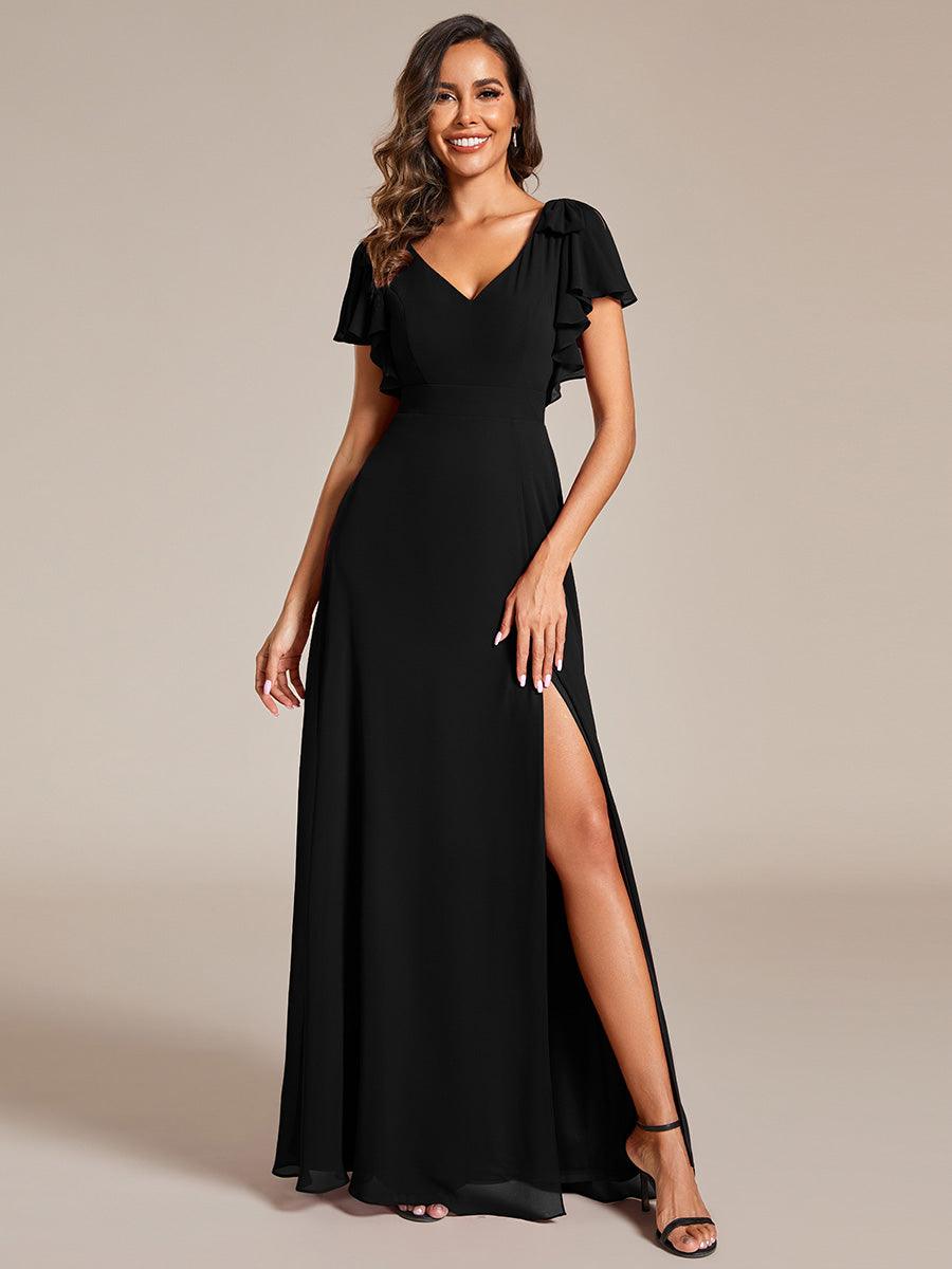 Robe de demoiselle d'honneur trapèze en mousseline à manches courtes avec n?ud papillon et fente haute sur le devant #Couleur_Noir