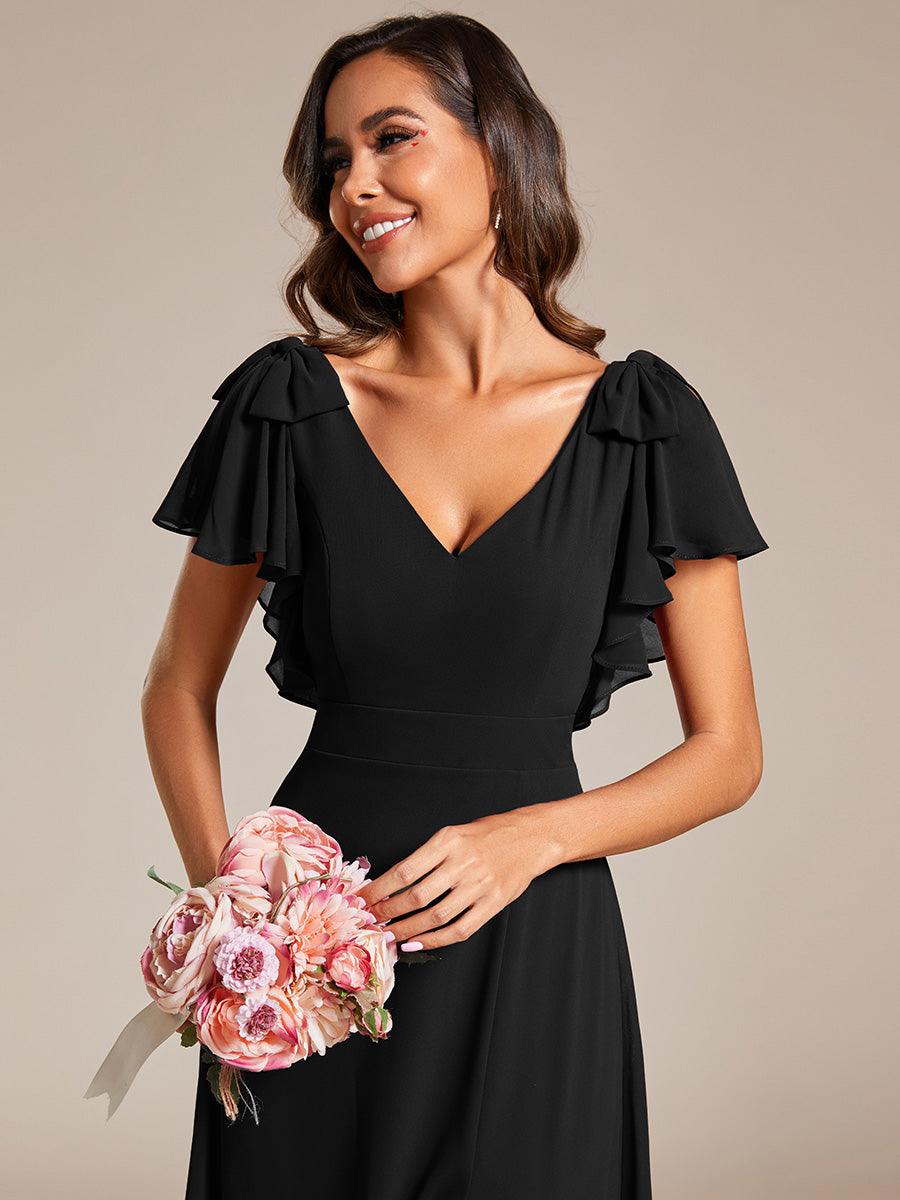 Robe de demoiselle d'honneur trapèze en mousseline à manches courtes avec n?ud papillon et fente haute sur le devant #Couleur_Noir