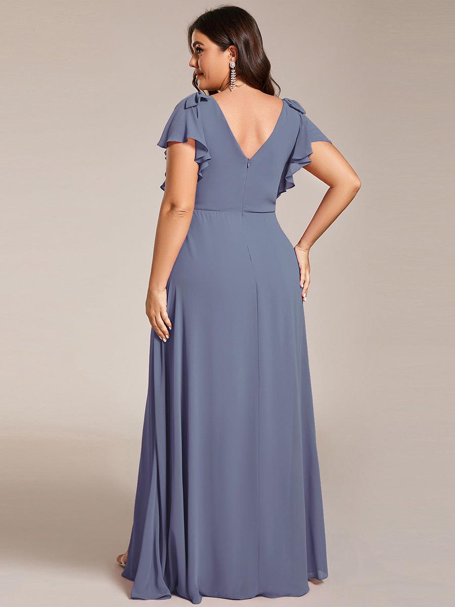 Robe de demoiselle d'honneur trapèze en mousseline à manches courtes avec n?ud papillon et fente haute sur le devant #Couleur_Marine Fume