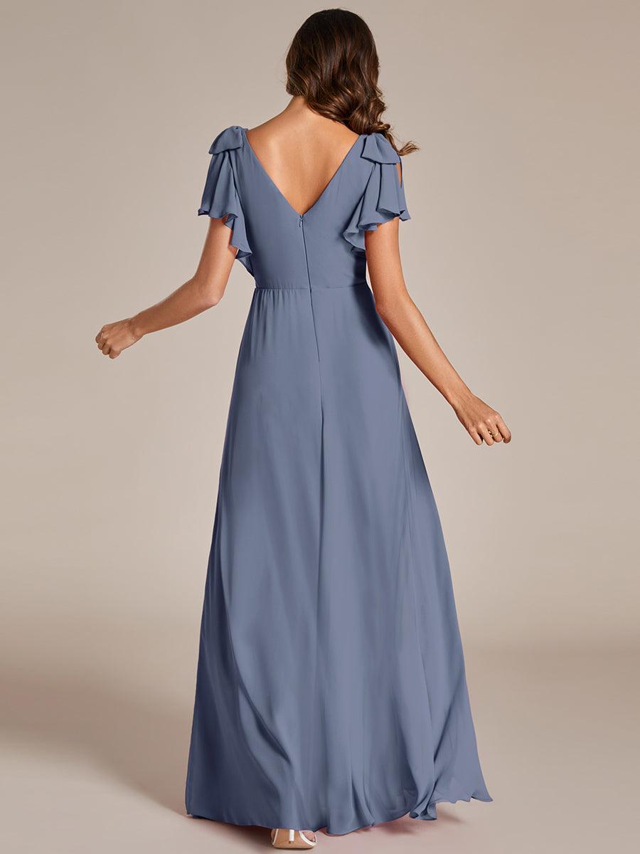 Robe de demoiselle d'honneur trapèze en mousseline à manches courtes avec n?ud papillon et fente haute sur le devant #Couleur_Marine Fume