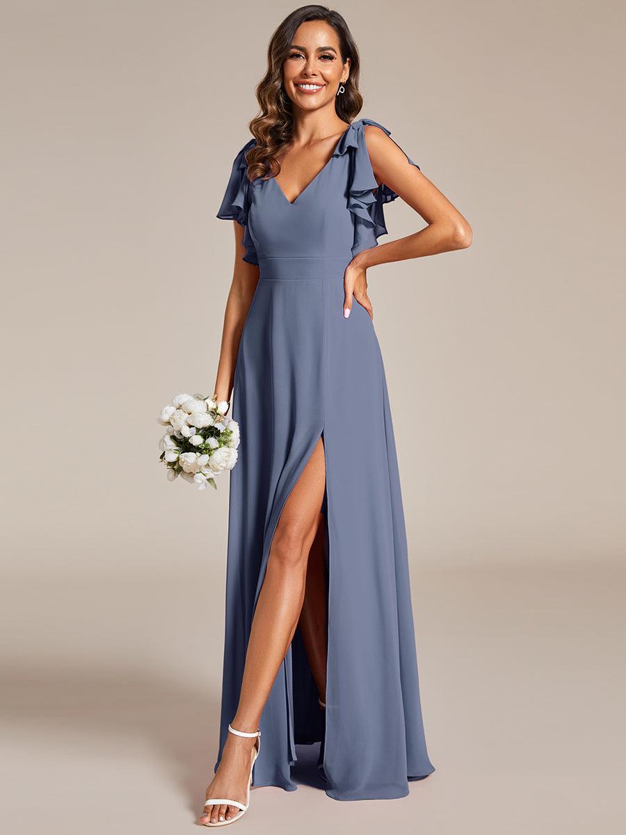 Robe de demoiselle d'honneur trapèze en mousseline à manches courtes avec n?ud papillon et fente haute sur le devant #Couleur_Marine Fume