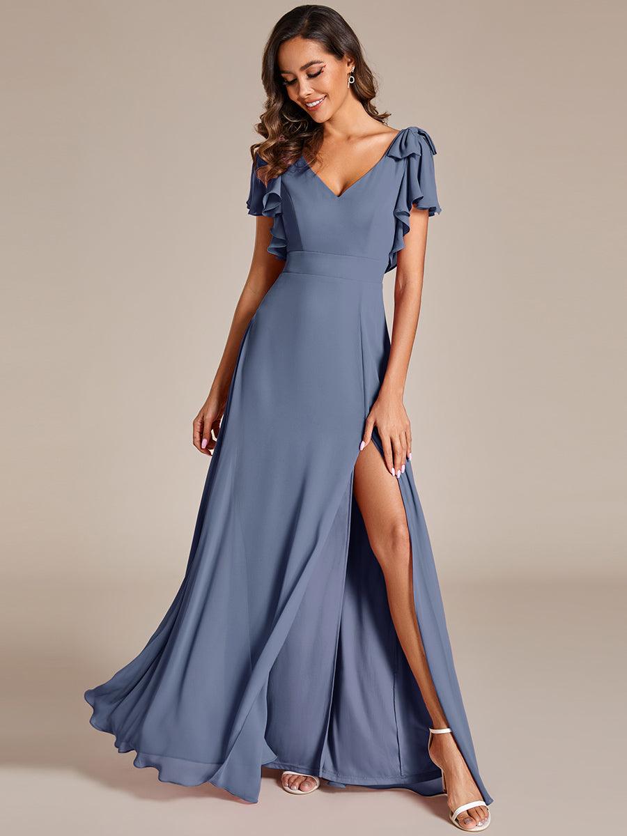 Robe de demoiselle d'honneur trapèze en mousseline à manches courtes avec n?ud papillon et fente haute sur le devant #Couleur_Marine Fume