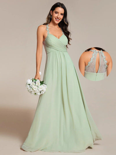 Robe de demoiselle d'honneur plissée dos nu à fleurs et col licou avec col en V