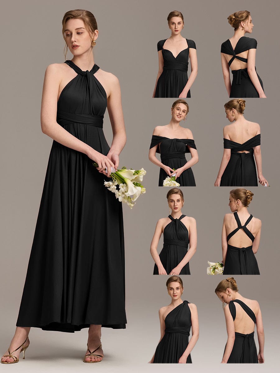 Robe d'invité de mariage trapèze en mousseline fluide à encolure ronde et longueur au genou #Couleur_Noir