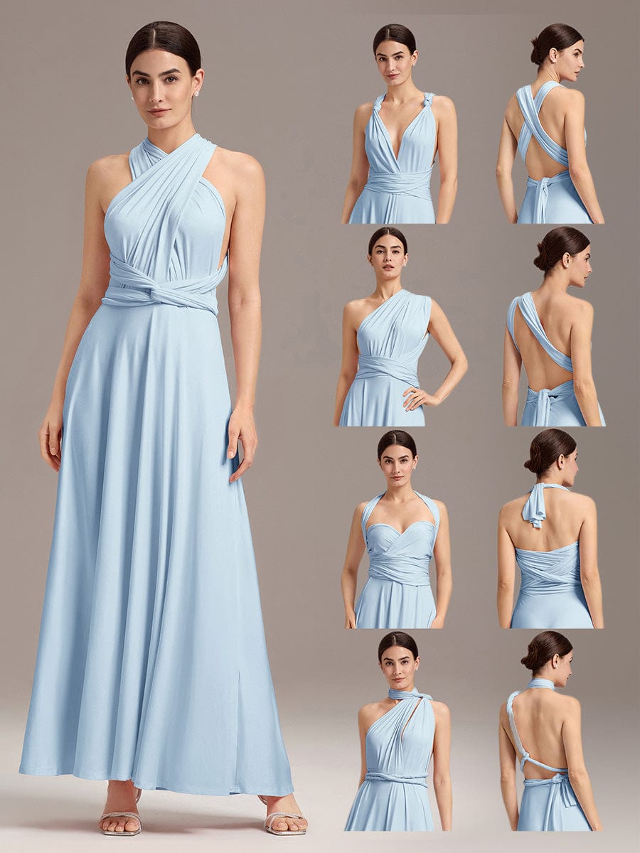 Robe d'invité de mariage trapèze en mousseline fluide à encolure ronde et longueur au genou #Couleur_Bleu Ciel