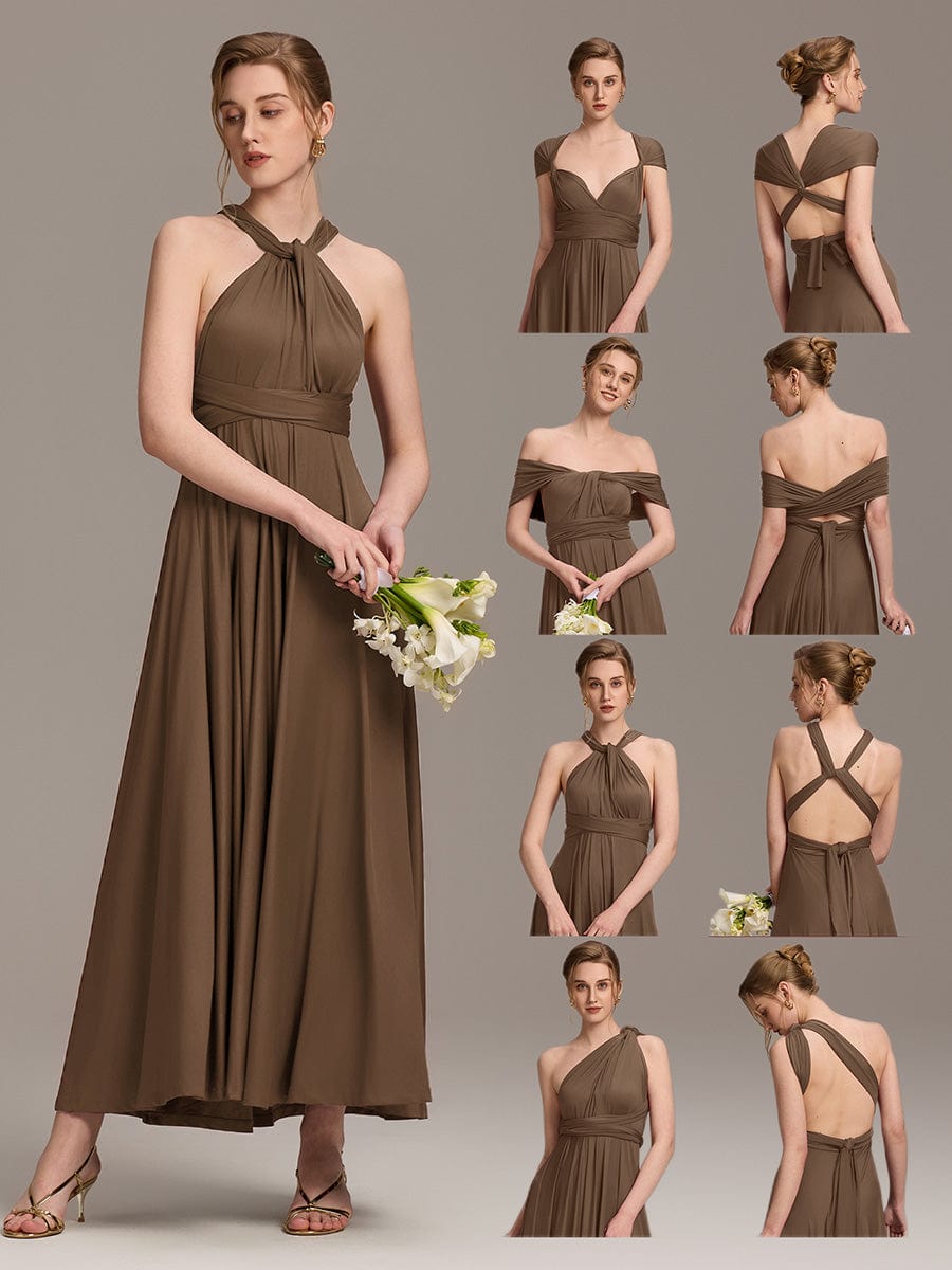 Robe d'invité de mariage trapèze en mousseline fluide à encolure ronde et longueur au genou #Couleur_Café