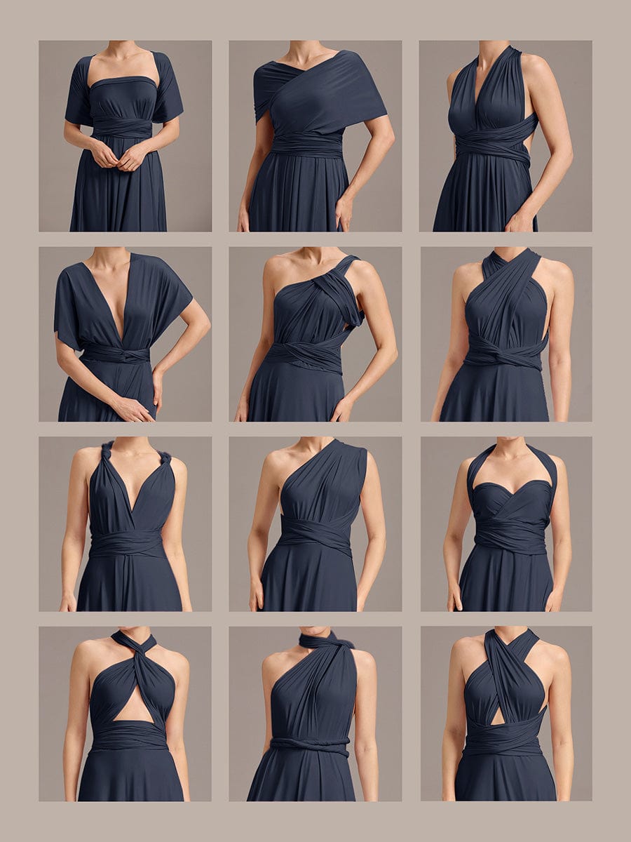 Robe d'invité de mariage trapèze en mousseline fluide à encolure ronde et longueur au genou #Couleur_Bleu Marine
