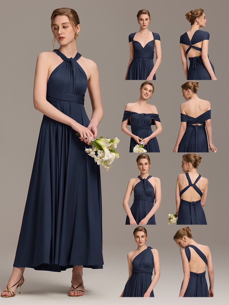 Robe d'invité de mariage trapèze en mousseline fluide à encolure ronde et longueur au genou #Couleur_Bleu Marine
