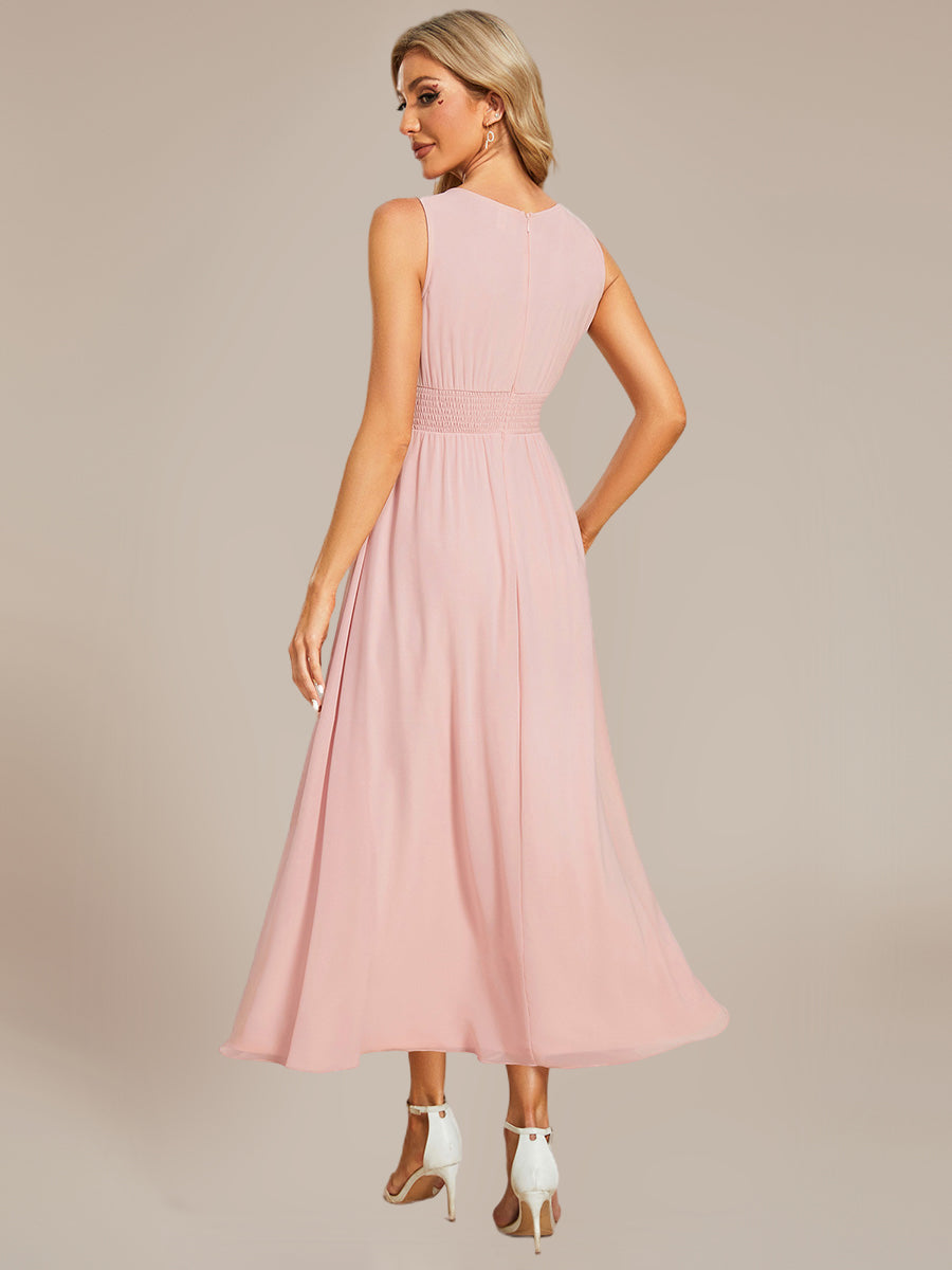 Robe de demoiselle d'honneur mi-longue en mousseline avec taille froncée #Couleur_Rose