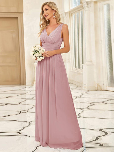ever HUSH|Robe de demoiselle d'honneur longue en mousseline à col en V et coupe trapèze