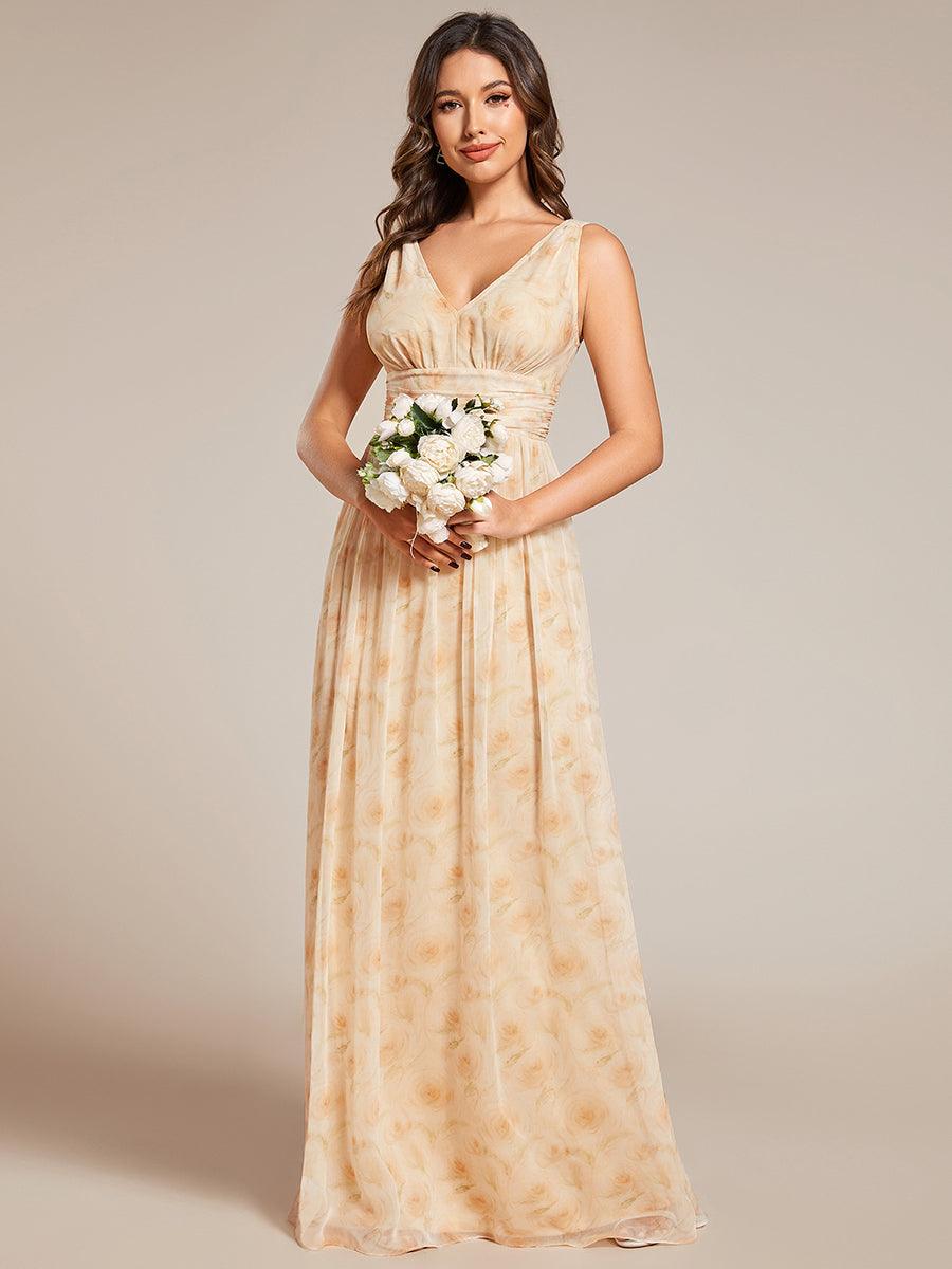 Col V sans manches plissé chiffon robe de soirée #Couleur_Roses Dorées