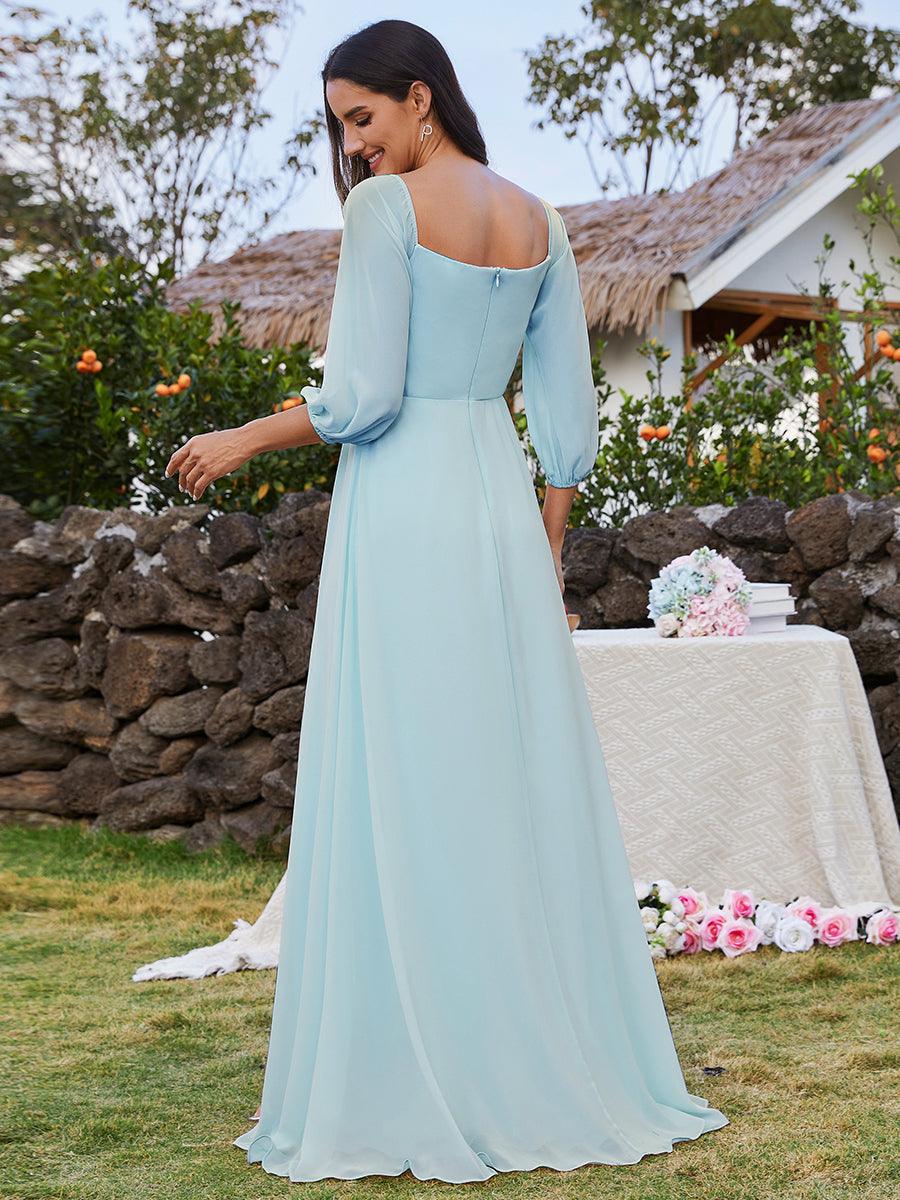 Robes de demoiselle d'honneur à manches longues en mousseline à épaules dénudées #Couleur_Bleu Ciel