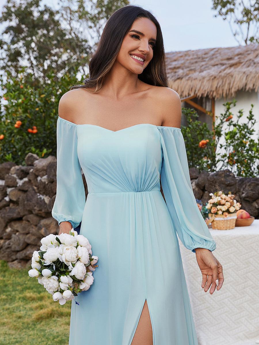 Robes de demoiselle d'honneur à manches longues en mousseline à épaules dénudées #Couleur_Bleu Ciel