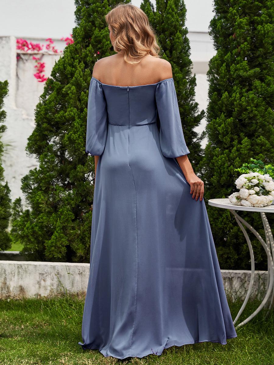 Robes de demoiselle d'honneur à manches longues en mousseline à épaules dénudées #Couleur_Marine Fume