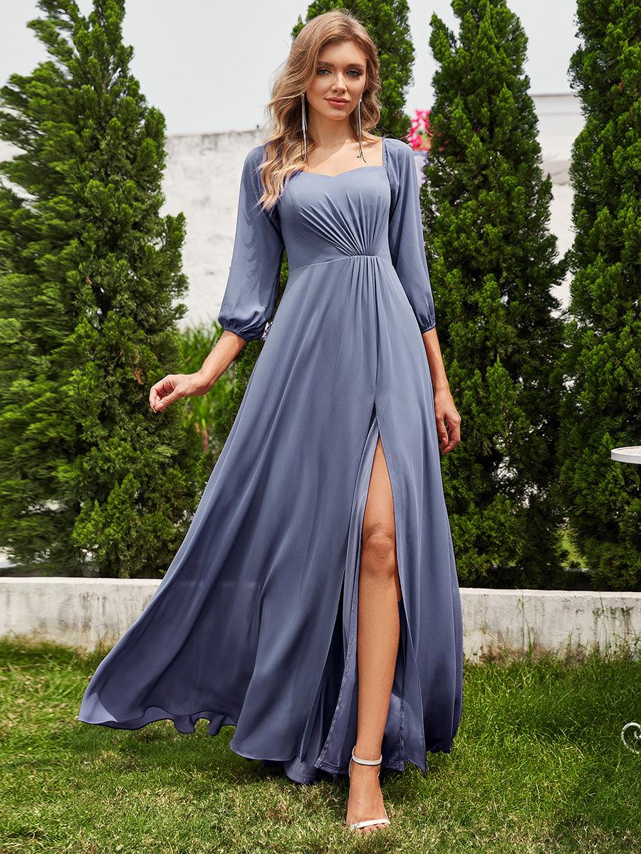 Robes de demoiselle d'honneur à manches longues en mousseline à épaules dénudées #Couleur_Marine Fume