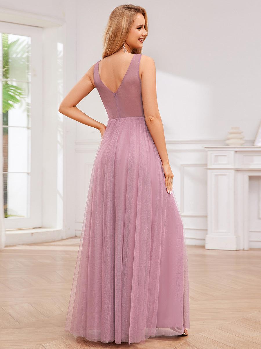 Robe de demoiselle d'honneur scintillante taille haute et fente avec col en V #Couleur_Orchidee