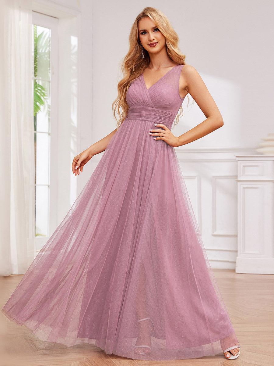 Robe de demoiselle d'honneur scintillante taille haute et fente avec col en V #Couleur_Orchidee