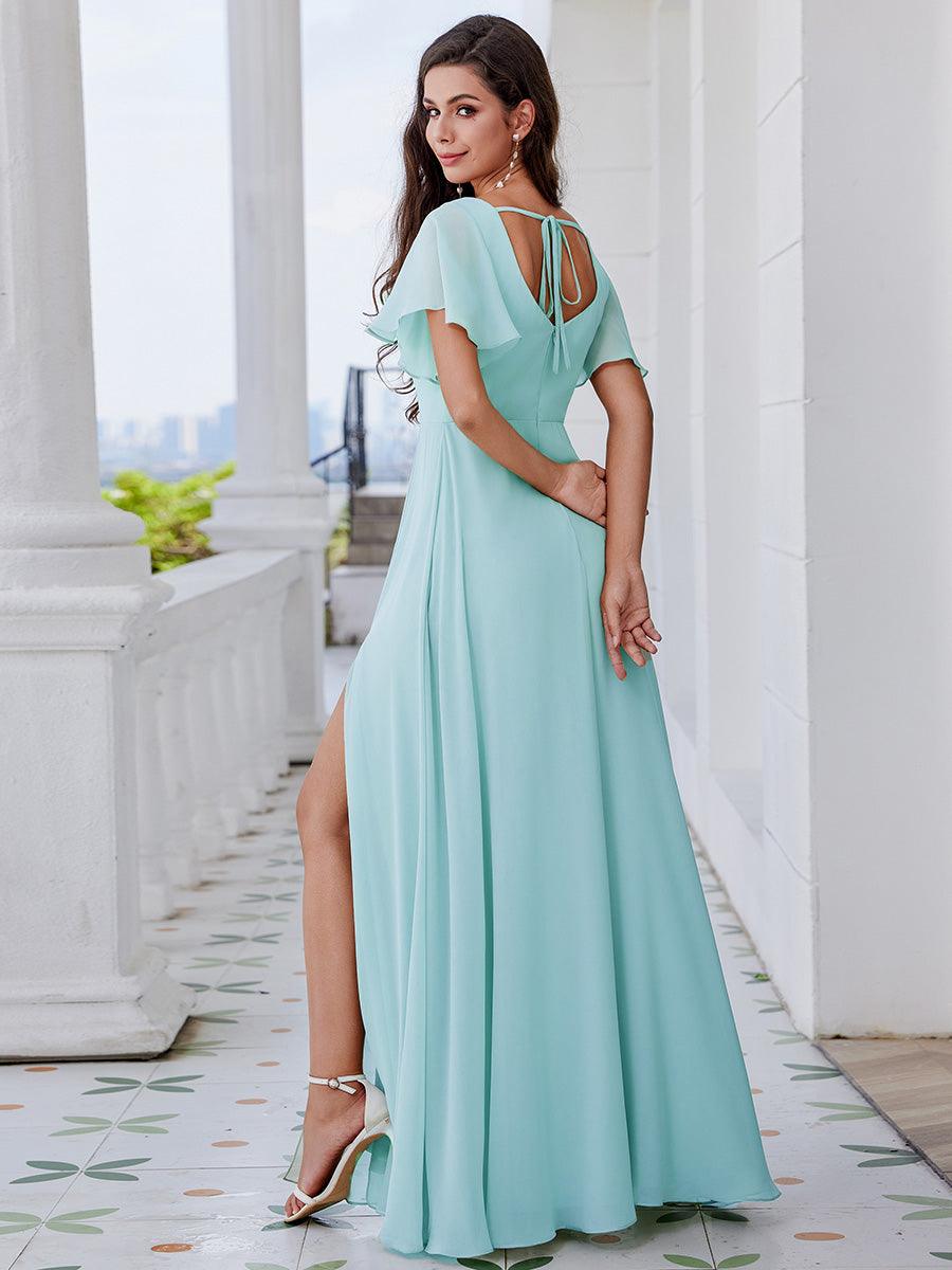 Robe de demoiselle d'honneur trapèze à fente haute col en U manches à volants avec lien au dos #Couleur_Bleu Ciel