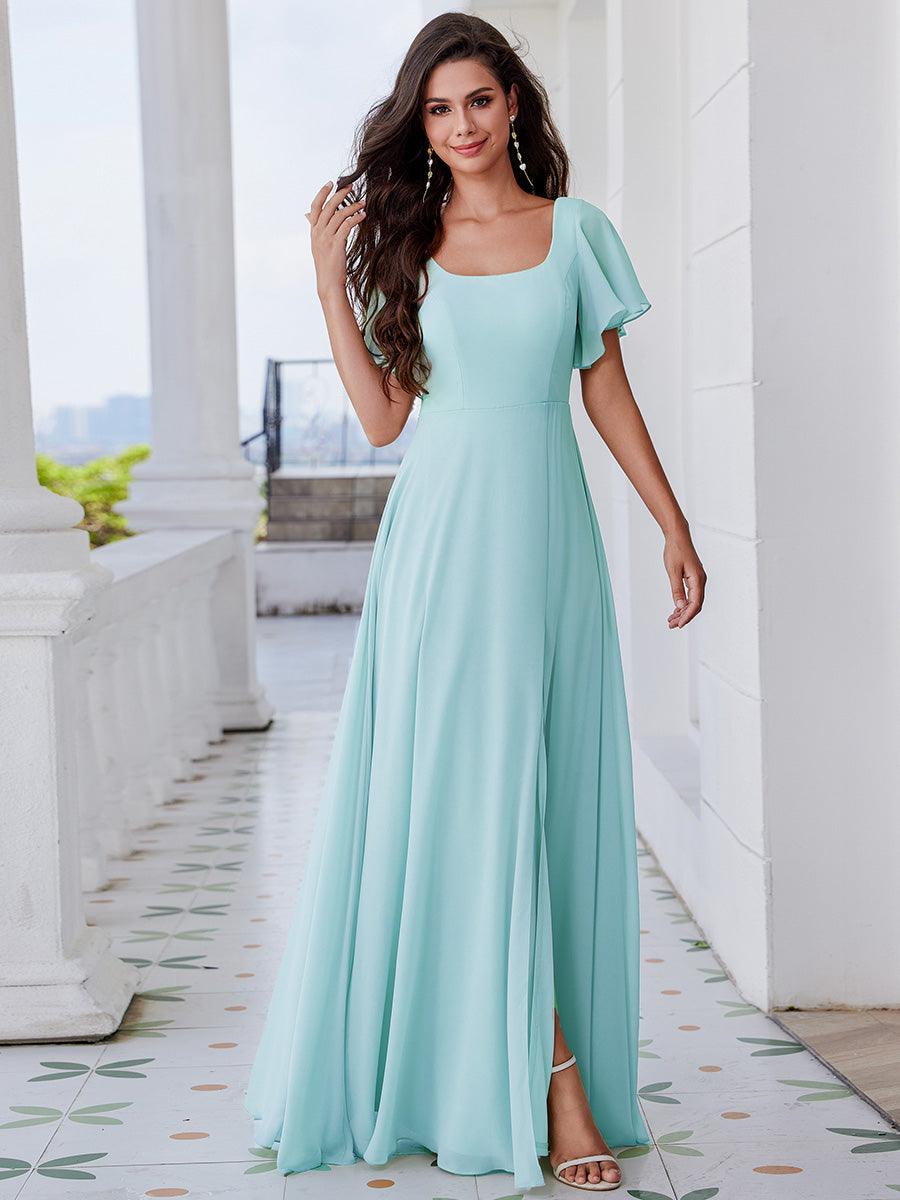 Robe de demoiselle d'honneur trapèze à fente haute col en U manches à volants avec lien au dos #Couleur_Bleu Ciel