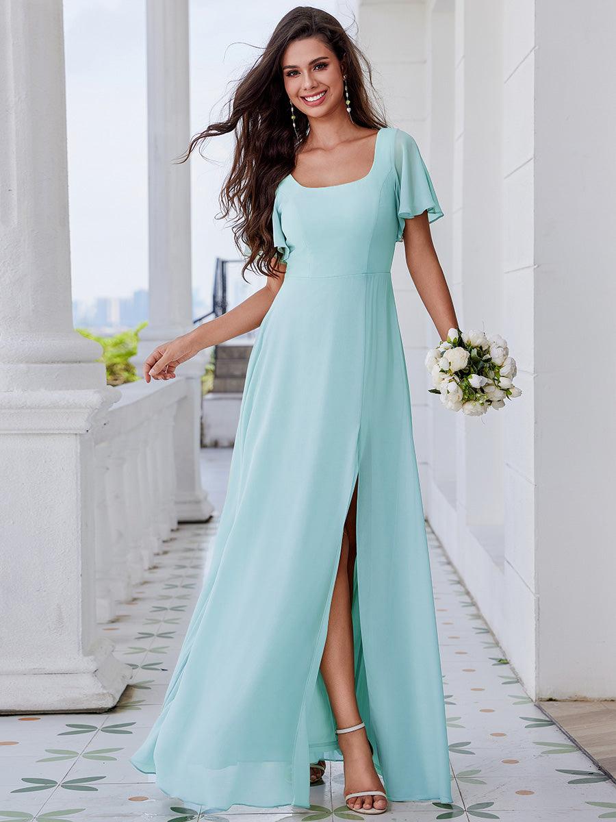 Robe de demoiselle d'honneur trapèze à fente haute col en U manches à volants avec lien au dos #Couleur_Bleu Ciel