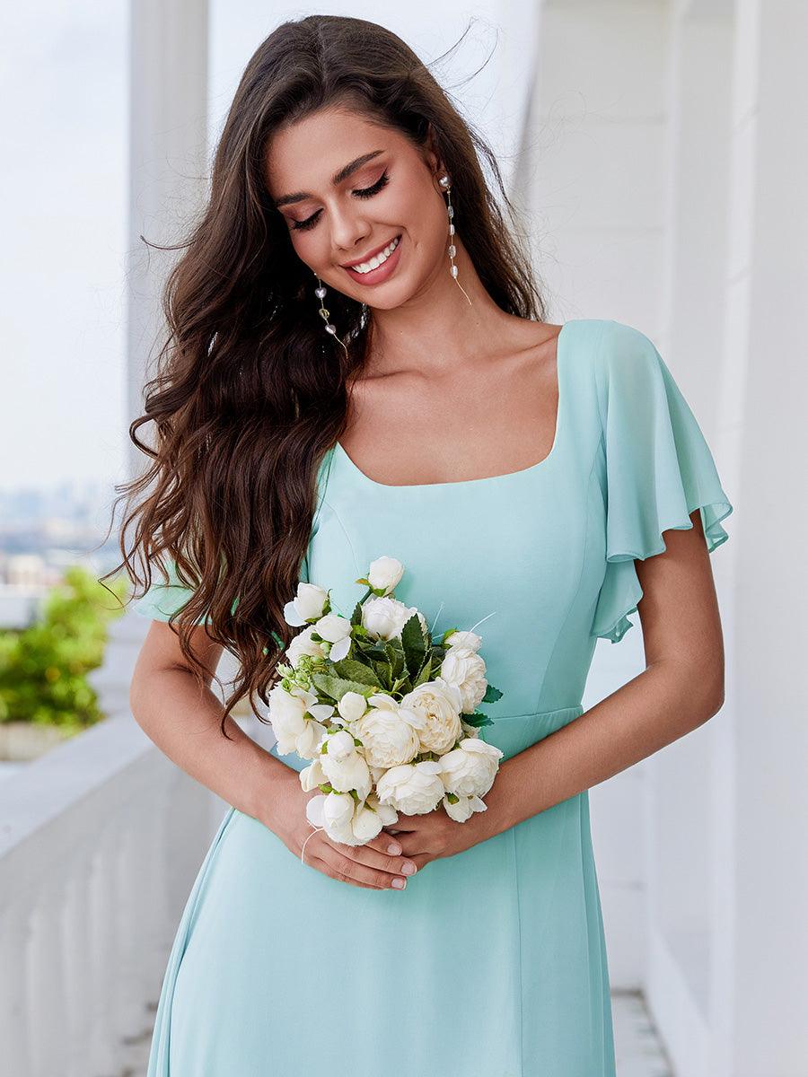 Robe de demoiselle d'honneur trapèze à fente haute col en U manches à volants avec lien au dos #Couleur_Bleu Ciel
