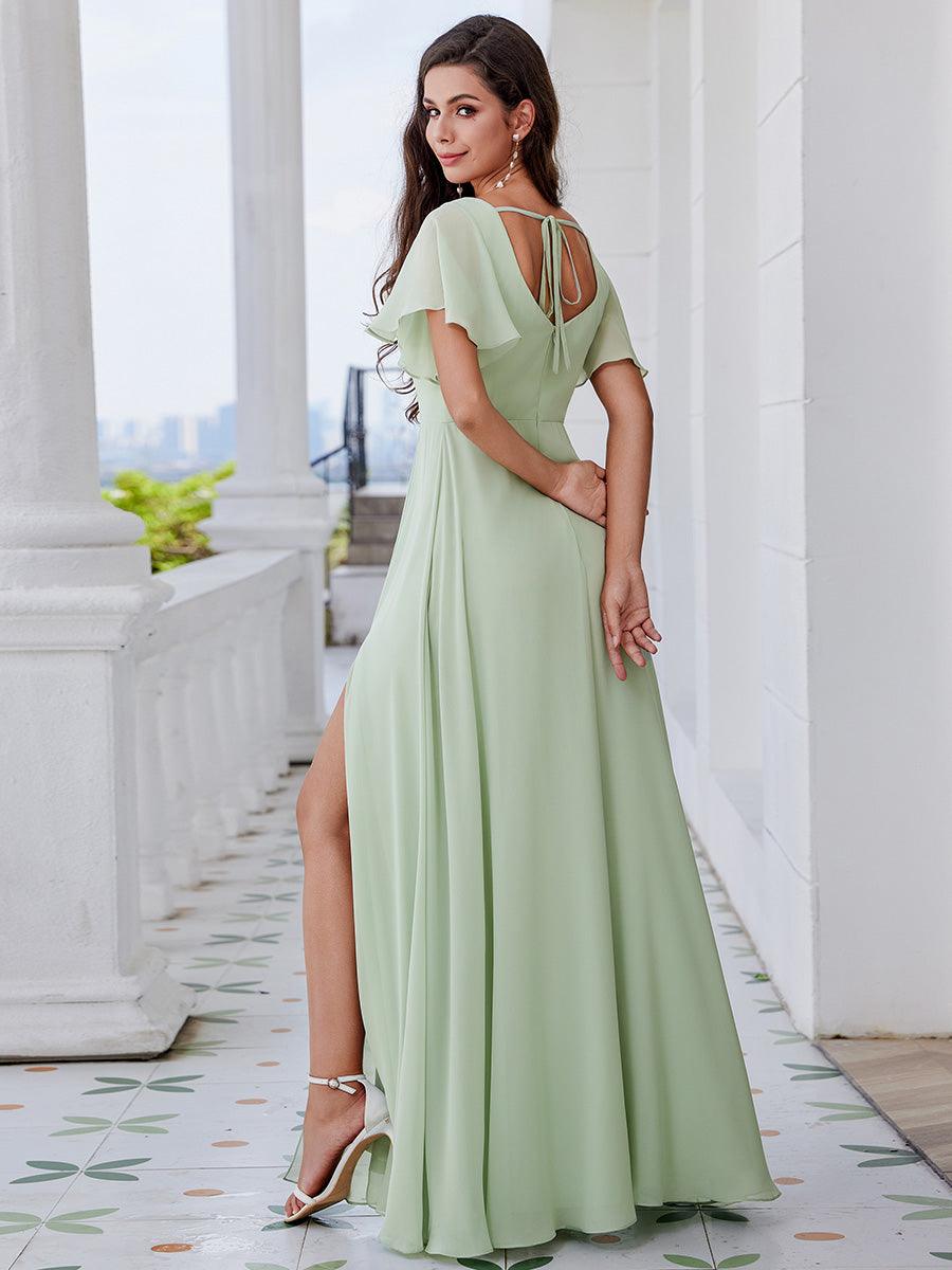 Robe de demoiselle d'honneur trapèze à fente haute col en U manches à volants avec lien au dos #Couleur_Menthe Verte