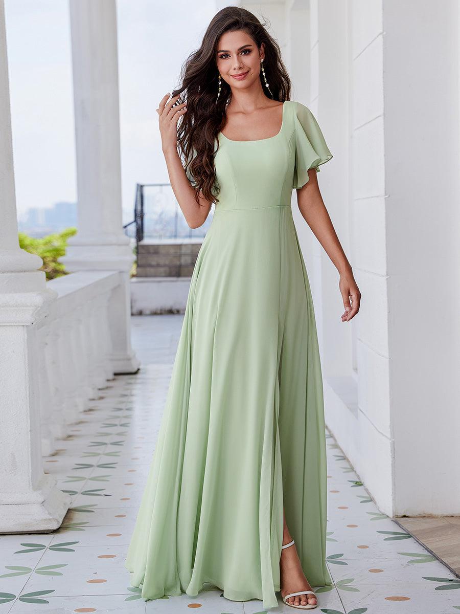 Robe de demoiselle d'honneur trapèze à fente haute col en U manches à volants avec lien au dos #Couleur_Menthe Verte