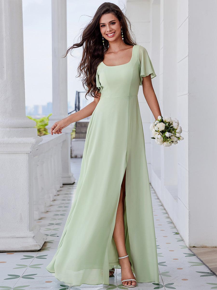 Robe de demoiselle d'honneur trapèze à fente haute col en U manches à volants avec lien au dos #Couleur_Menthe Verte