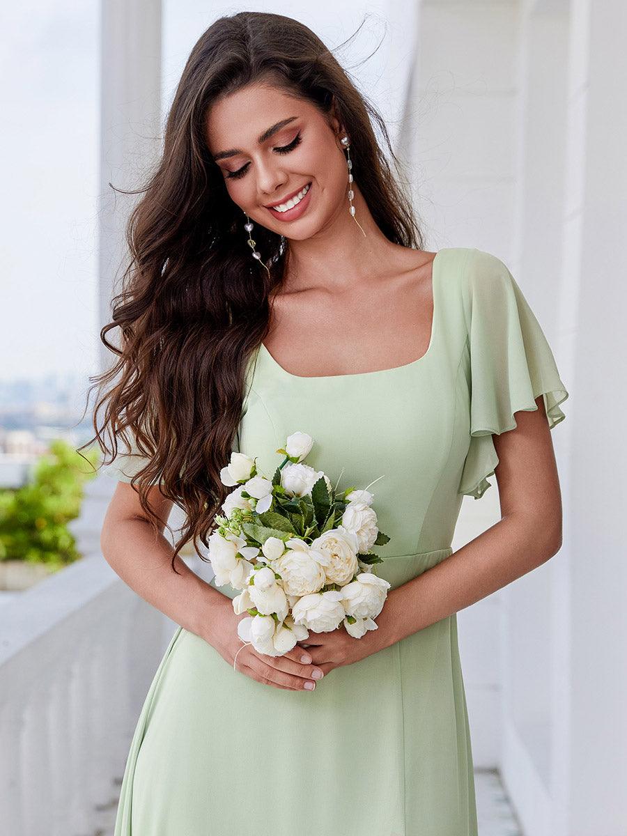 Robe de demoiselle d'honneur trapèze à fente haute col en U manches à volants avec lien au dos #Couleur_Menthe Verte