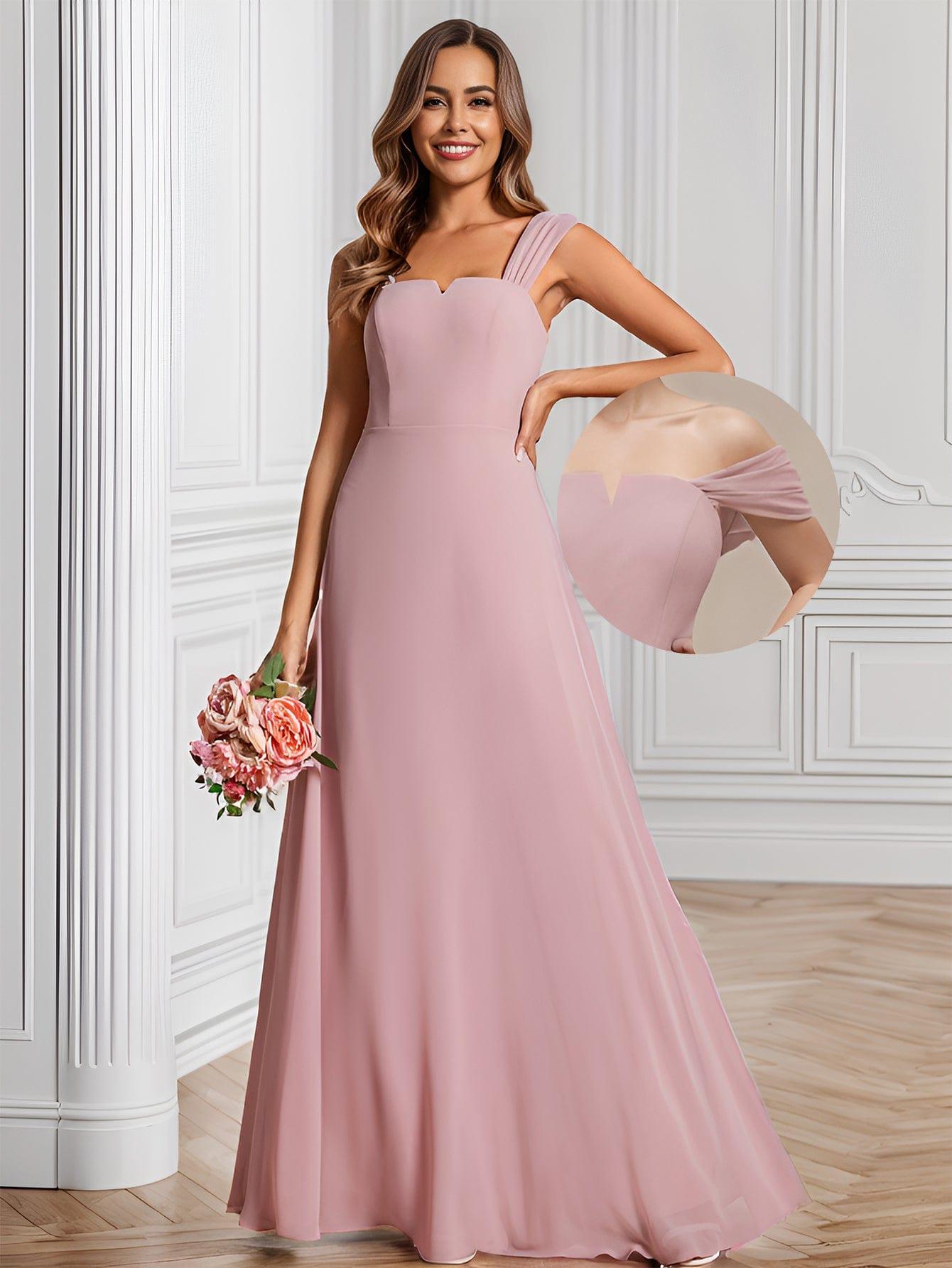 Robe d'invité de mariage trapèze en mousseline fluide à encolure ronde et longueur au genou #Couleur_Rose fumee