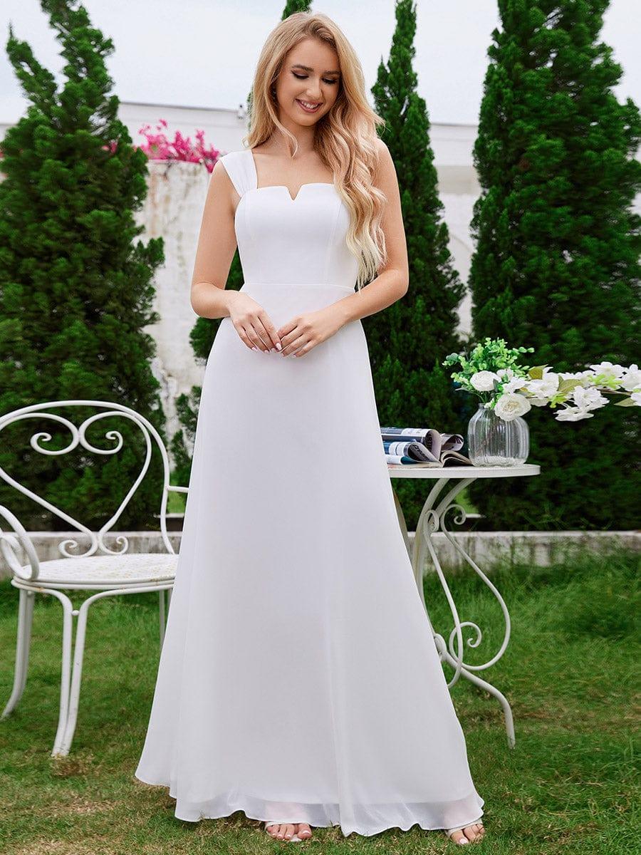 Robe d'invité de mariage trapèze en mousseline fluide à encolure ronde et longueur au genou #Couleur_Blanc