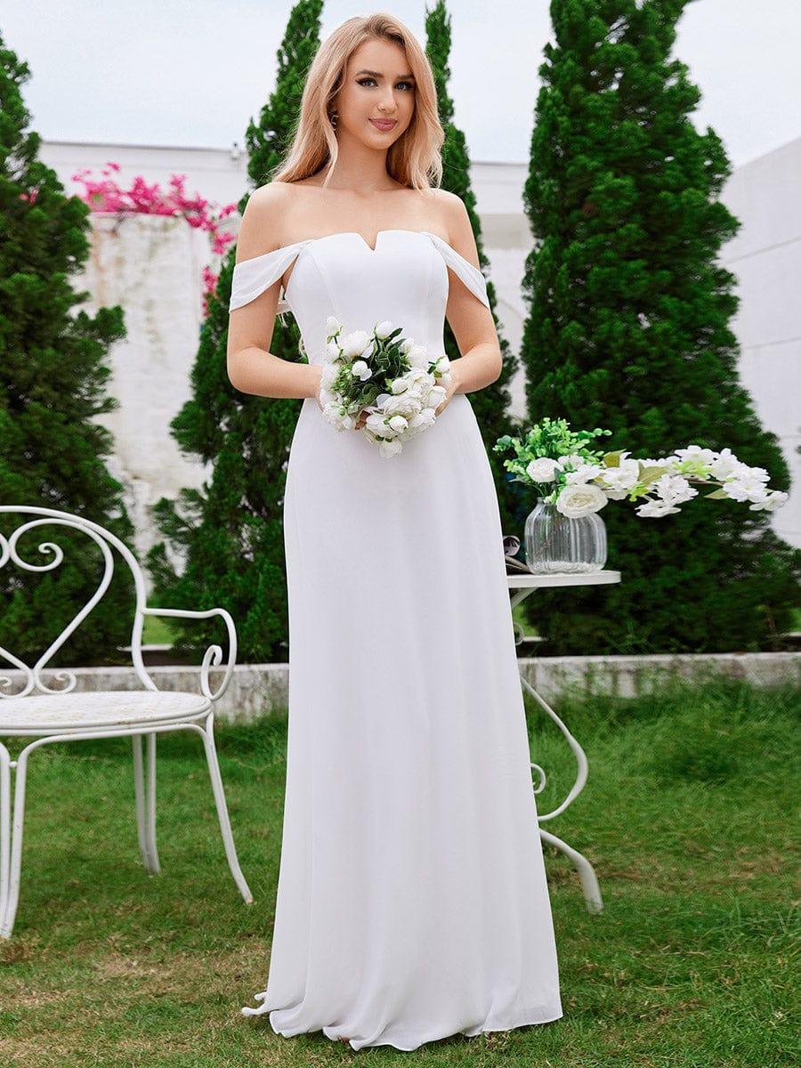 Robe d'invité de mariage trapèze en mousseline fluide à encolure ronde et longueur au genou #Couleur_Blanc