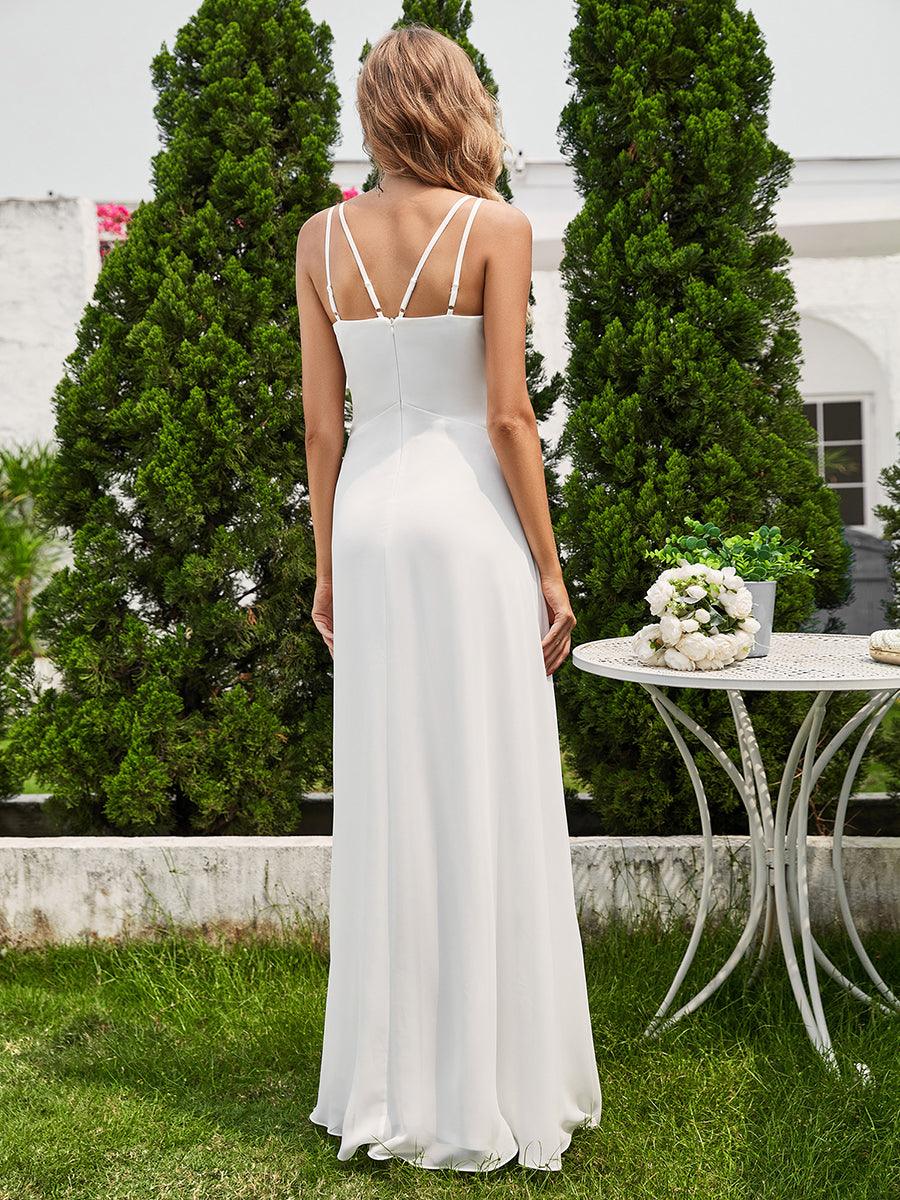 Robe de demoiselle d'honneur plissée chic à bretelles réglables et col en V #Couleur_Blanc