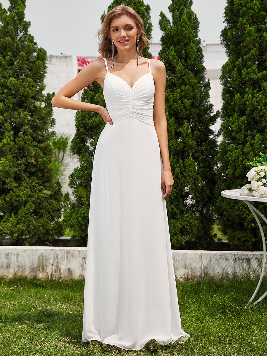 Robe de demoiselle d'honneur plissée chic à bretelles réglables et col en V #Couleur_Blanc